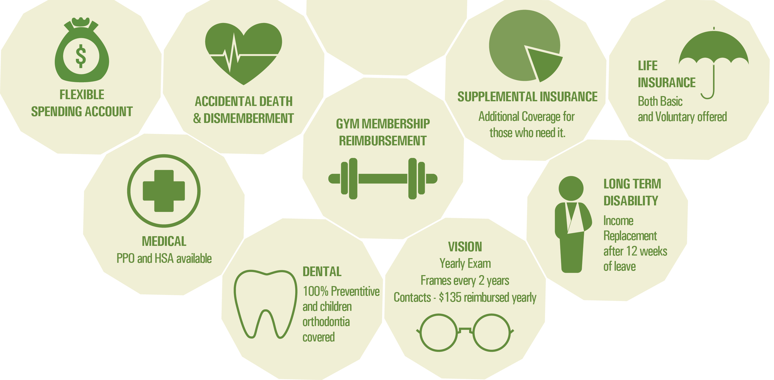 PPO, HSA, FSA, AD&D, Dental, Vision, Gym Membership Reimbursement, Supp, Ins., Long Term Disability, Life Insurance